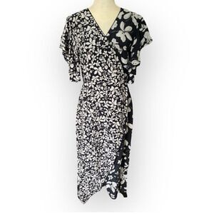 Isolda Women's Floral Wrap Dress Size 6 Black Midi Length Party